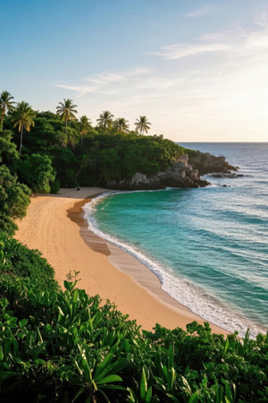 Tropical beach with palm trees and turquoise water at sunsetの素材
