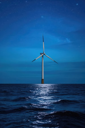 Wind turbine in the sea at night with starry sky background.の素材