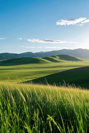 Landscape with green hills and blue sky in Tuscany, Italyの素材