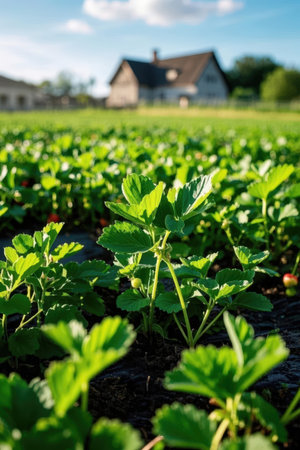 Strawberry field in the countryside with a farm house in the backgroundの素材