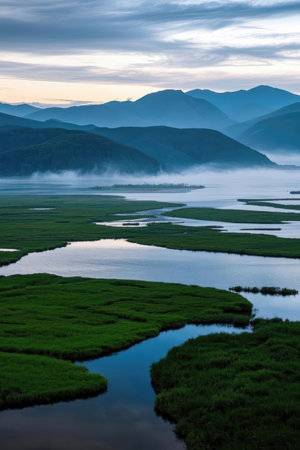 Landscape of river and mountains in the fog at dawn. Nature composition.の素材