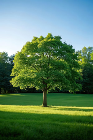 Beautiful green tree in the park on a sunny summer day.の素材