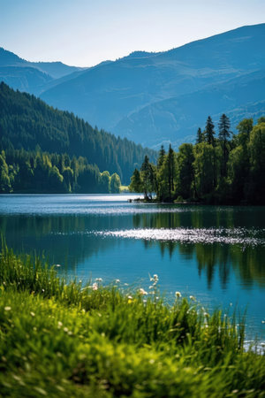 Beautiful lake in the mountains. Landscape of a mountain lake.の素材