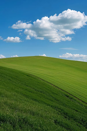 Green field and blue sky with white clouds. Spring landscape. Ukraine.の素材