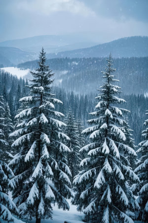 Winter landscape with snow covered fir trees in Carpathian mountains.の素材
