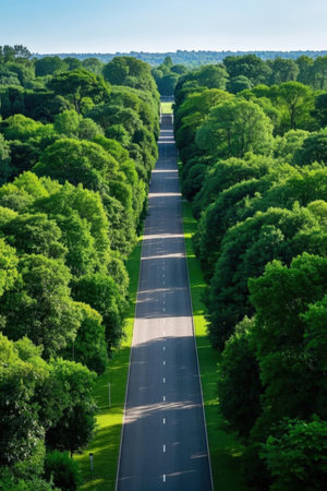Aerial view of a road through a forest in the summer.の素材