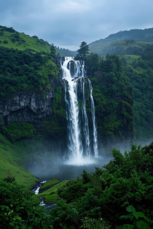 Waterfall in the mountains of Azores. Portugal. Europe.の素材