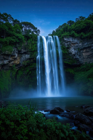 waterfall in the forest at night with starry sky and starsの素材