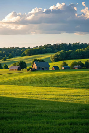 Rural landscape with a farmhouse in Bavaria, Germany.の素材