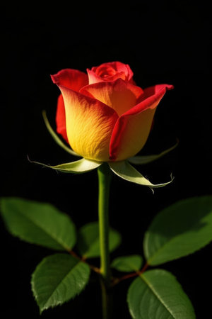Beautiful red and yellow rose on a black background close-upの素材