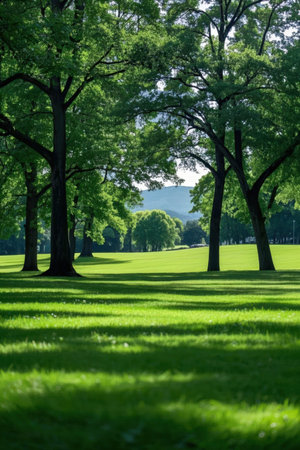 Green park with trees and grass in sunny day. Beautiful landscape.の素材