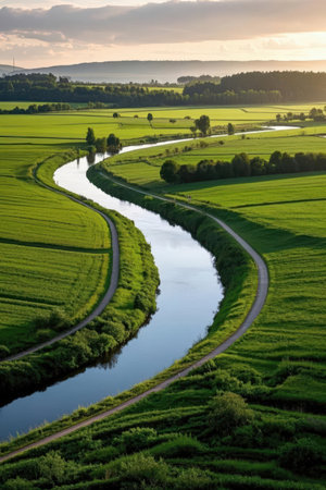 The bend of the river in the middle of a green field.の素材