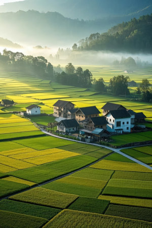 Aerial view of rice fields and village in the morning with fog.の素材