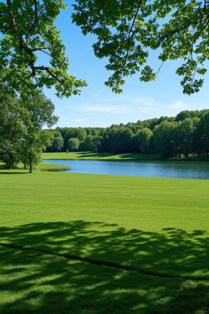 Beautiful lake in the park with green grass, trees and blue skyの素材