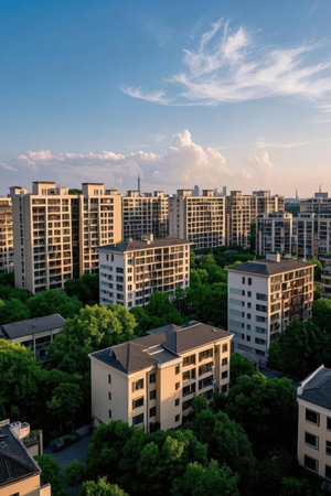 Cityscape of the modern city with buildings and skyscrapers at sunsetの素材