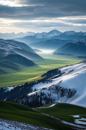 Beautiful alpine landscape with mountains in the background, Kyrgyzstanの素材
