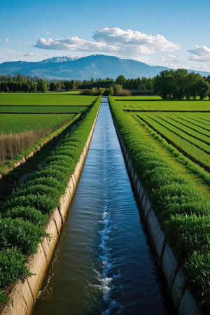 Water canal in the middle of a green field with mountains in the backgroundの素材