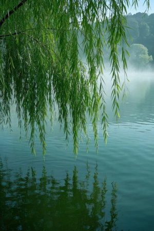Willow trees on the lake in the morning, natural background.の素材
