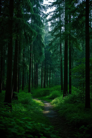 Morning in the dark forest. The path in the dark forest.の素材