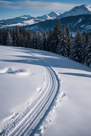 Snowy winter mountain landscape with ski tracks in the snowdriftの素材