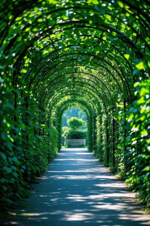 Garden tunnel in the shape of a tunnel of green leaves.の素材