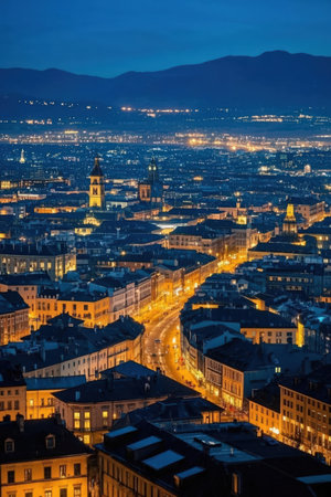 Aerial view of the city of Turin at night, Italyの素材