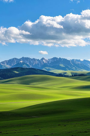Mountain landscape with green grass and blue sky with white clouds.の素材