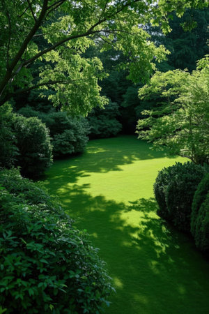 garden in japan with fresh green grass and trees in the backgroundの素材