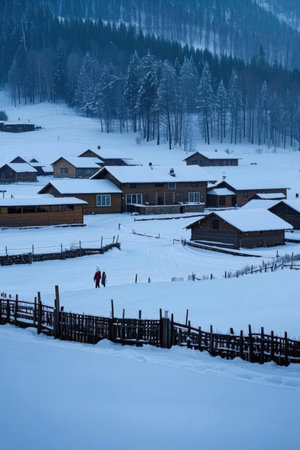 Beautiful winter landscape with wooden houses in the Carpathian mountainsの素材