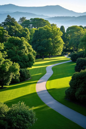 Beautiful landscape of golf course with trees and grass in morning lightの素材