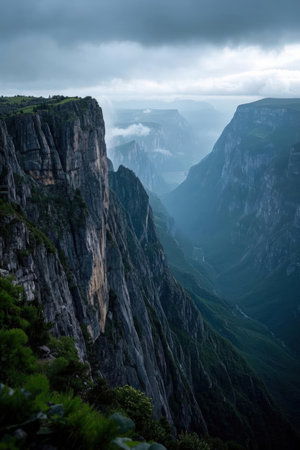 Beautiful mountain landscape with fog in the mountains. Caucasus, Russiaの素材