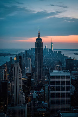 New York City Manhattan midtown skyline at sunset with Empire State Building.の素材