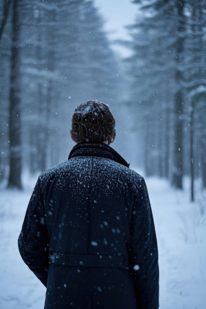 Young man standing in winter forest and looking at snowflakes.の素材