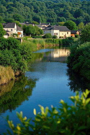 River and houses on a hillside in the countryside of France.の素材