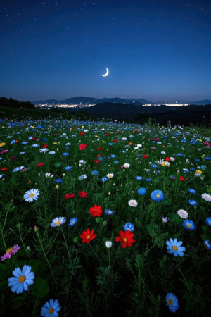 Meadow with flowers and moon at night in the mountains.の素材