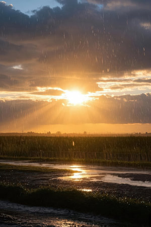 Rain in the field at sunset. Russia, St. Petersburg.の素材