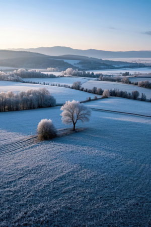 Aerial view of winter landscape with trees and fields covered with hoarfrostの素材