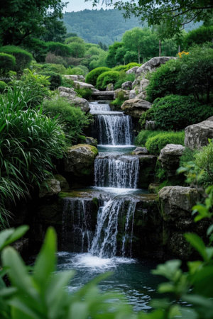 Beautiful waterfall in the garden with green grass background,Thailandの素材