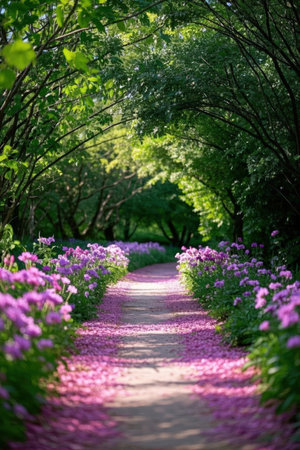 Pathway in the park with blooming purple flowers and green treesの素材