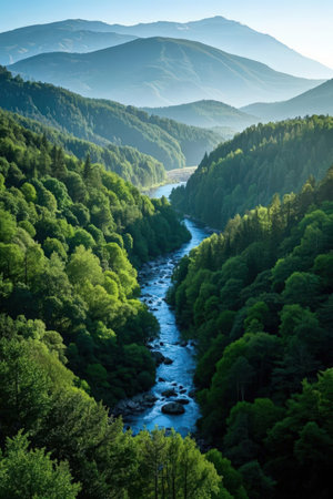 Landscape with a river in the Carpathian Mountains, Ukraineの素材