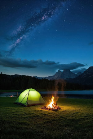Camping near the lake at night with beautiful starry sky.の素材