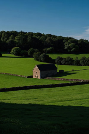 An old stone barn in the middle of a lush green field in the countrysideの素材