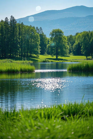 Lake in the mountains. Beautiful summer landscape with lake and forest.の素材