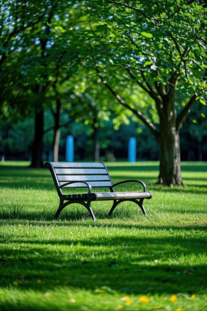 Lonely bench on the lawn in the park in the summerの素材