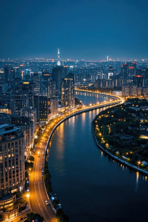 Shanghai cityscape at night with Huangpu river, Chinaの素材