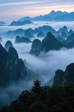 Huangshan Mountain Landscape at sunrise, Guangxi Province, Chinaの素材