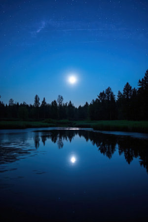 Night landscape with moon and starry sky over the forest lake.の素材