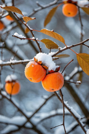 Ripe persimmon fruits on a branch covered with snow.の素材