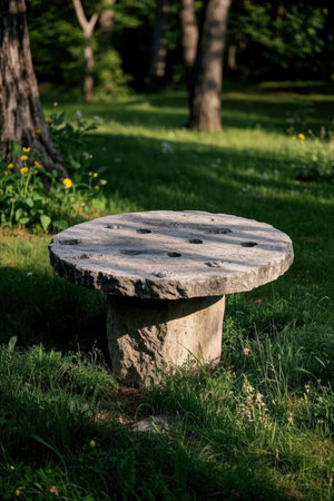 Old stone bench in the park in the evening light. Beautiful summer landscape.の素材