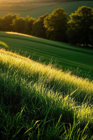 Beautiful summer landscape with green meadow and forest at sunset.の素材